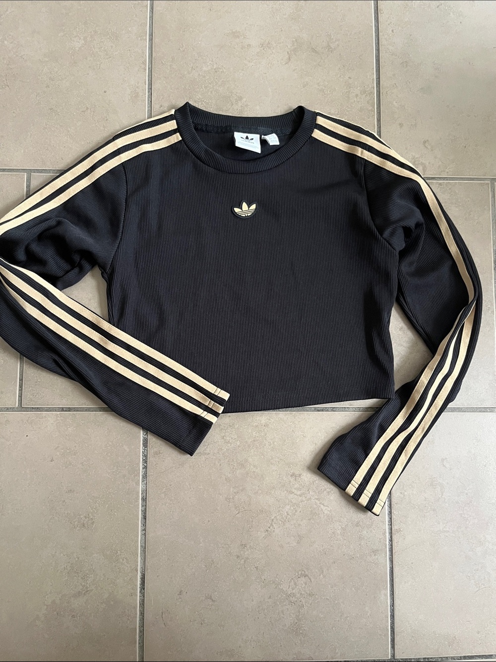 adidas Black Cropped Long Sleeve Top with Gold Stripes and Trefoil